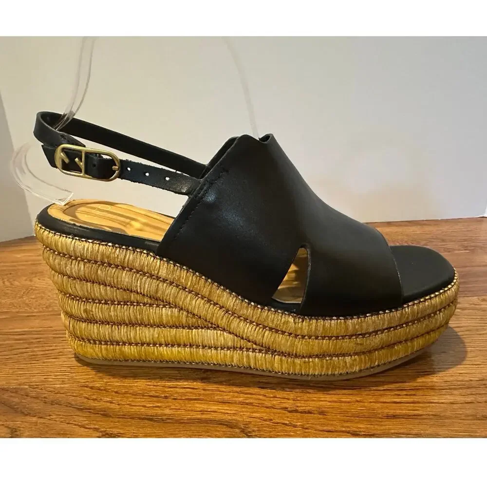 Franco Sarto Tamryn Leather Platform Sandals Black Size 9.5M NWT Modern Style